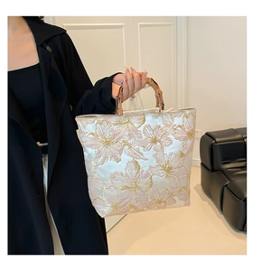 Detailed view of jacquard floral tote bag with vintage bamboo handles and elegant fabric