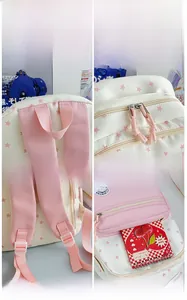 Detail shots of pink zippers, sturdy handle, and adjustable buckles on a white star backpack