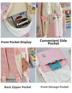 Detail view of pink star pattern backpack showing front pocket and side water bottle holder