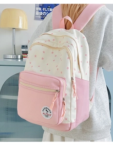 Detail of pink and white star print backpack showing the durable fabric and brand logo