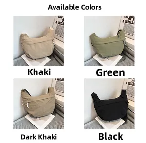 Collage of four half-moon crossbody bags in khaki, green, dark khaki, and black colors