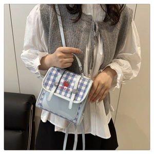Detail of blue and white checkered handbag featuring embroidered apple and silver clasp
