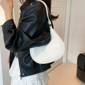 Elegant white half-moon shoulder bag with lychee texture and gold hardware details