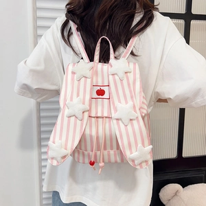 Sac à Dos Rayé Oreilles De Lapin Sac d'École en Nylon Avec Étoiles En Peluche Broderie Pomme Pour Filles Sac De Voyage Décontracté
