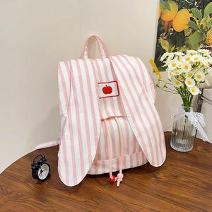 Sac à dos mignon à rayures roses avec oreilles de lapin et écusson pomme