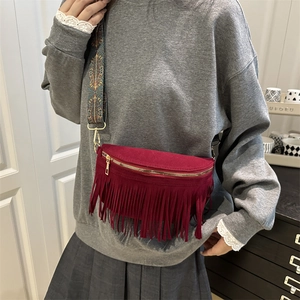 Bohemian burgundy fringe crossbody bag with retro geometric woven shoulder strap
