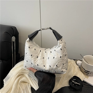 Women Hobo Shoulder Bag Puckered Nylon Letter Print Casual Crossbody Handbag With Knit Flower Pendant Cute Style