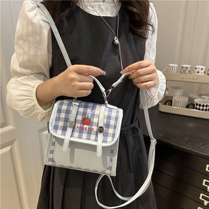 Summer blue checkered crossbody bag with red apple pattern and adjustable strap