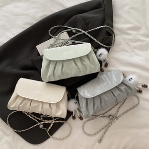 Fashionable pleated cloud bag with chain strap in mint, beige and silver-grey colors