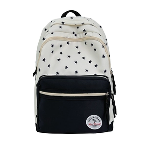 Minimalist white backpack with black star print and front pocket for school and travel