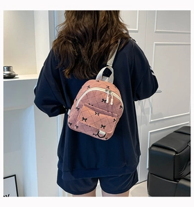 Detailed back view of a pink corduroy mini backpack with bow embroidery and quilted texture