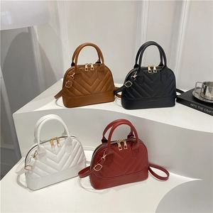 Women Fashion PU Leather Shell Bag With V-Shaped Quilted Pattern Small Shoulder Crossbody Bag With Gold Hardware Daily Travel Purse