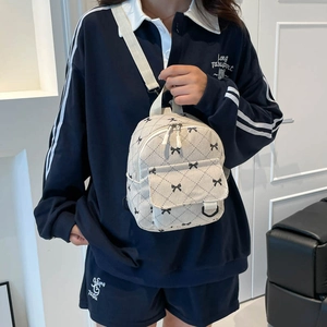 Mini corduroy backpack with bow embroidery and quilted pattern for women in beige finish