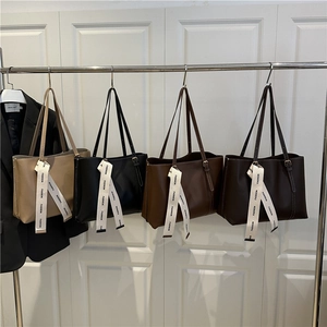 Women Fashion Large Capacity PU Leather Tote Bag With Contrast Stitching Ribbon Decoration Shoulder Bag For Office Daily Use