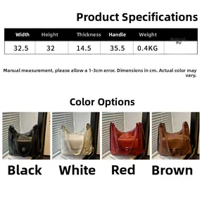 Detailed size specifications and color options for the fashion PU shoulder handbag