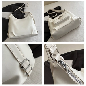 Detailed views of creamy white PU leather tote bag with silver hardware and adjustable strap