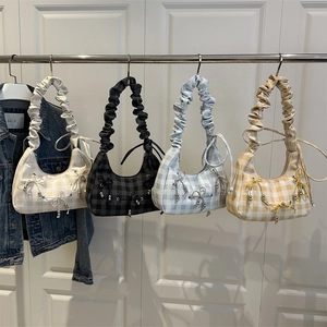 Plaid crescent underarm bags with bows and bead details in four summer colors