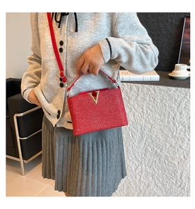 Detail der roten Glitzertasche mit V-Goldverschluss auf grauem Outfit