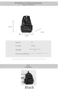 Detailed view of black PU leather backpack showing size 27x40x15cm and structure