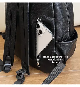 Detail of backpack rear anti-theft zipper pocket with textured lychee grain leather