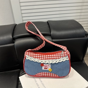 Sac à Épaule en Jean à Carreaux Doux Pour Femmes Avec Patch Cerise en Dentelle Sac Sous le Bras Vichy Patchwork Vintage