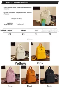 Size guide for lightweight waterproof backpack showing dimensions 23x32x9cm and colors