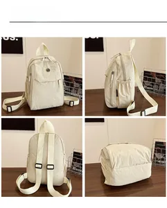 Detailed four-way view of a beige nylon backpack with multi-pocket and adjustable straps