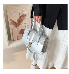 Close-up of silver crossbody bag featuring metallic texture and gold turn-lock closure
