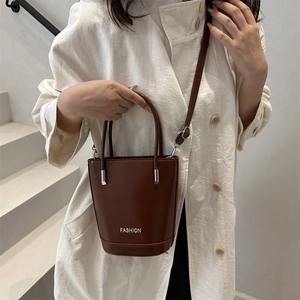 Fashion dark brown leather bucket bag for women with white FASHION print and shoulder strap