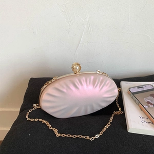 Shell Pleated Evening Bag PU Leather Faux Artificial Pearl Rhinestone Clutch Chain Strap Shoulder Bag For Wedding Party Women