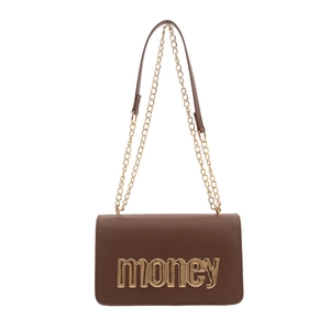 Καφέ τσάντα PU δέρμα με χρυσό λογότυπο money και κομψή μεταλλική αλυσίδα ώμου