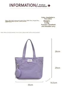 Detail view of purple waterproof nylon tote bag dimensions and internal pocket structure