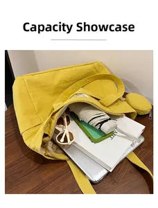 Capacity display showing large yellow tote bag holding laptop, books and accessories