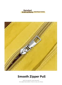 Close-up of smooth silver metal zipper on yellow canvas tote bag with detailed fabric texture