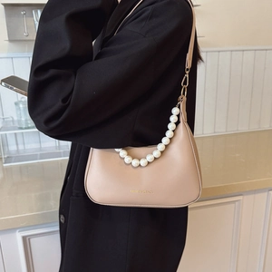 Women Artificial Pearl Chain Hobo Shoulder Bag Fashion PU Leather Half Moon Underarm Handbag Decorative Beaded Handle Stylish Bag