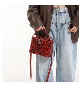 Detail of red leopard print crossbody bag with gold V hardware on vintage leather jacket
