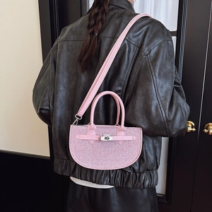 Women Fashion Half Moon Handbag Glitter Sequin Top Handle Bag With Metal Lock Detachable Shoulder Strap Crossbody Bag