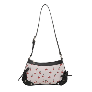 Sac à bandoulière blanc avec imprimé cerises, finitions en cuir noir et sangle réglable
