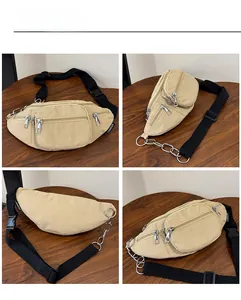 Detailed views of beige nylon crossbody waist bag with multiple zippers and chain straps