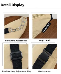 Detail view of khaki canvas crossbody bag with metal chain, logo tag and plastic buckle