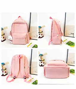Pink checkered canvas backpack with cute cloud charm shown in a four-angle detailed layout