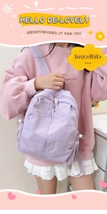 Side view of lavender nylon backpack showing adjustable straps and side drawstring detail