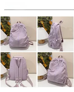 Multi-angle view of a lavender nylon backpack showing front, side, and back details