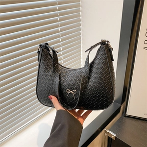 Sac Sous le Bras en Cuir PU à la Mode Motif Crocodile Sac Hobo Croissant Avec Décoration de Nœud Argenté Sac à Épaule Polyvalent
