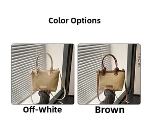 Detailed side-by-side view of woven straw bucket bags in off-white and brown finishes