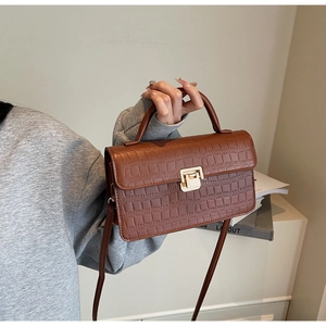 Detail of brown crocodile pattern small square bag with golden metallic buckle closure