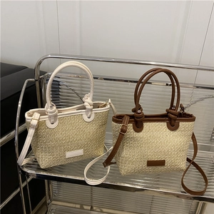 Pastoral straw bucket bag set with contrast trim and cylindrical knotted handles