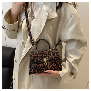 Detail of leopard print crossbody bag with gold buckle and textured leather on a trench coat