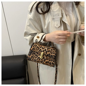 Detail of leopard print handbag featuring a gold J-shaped clasp and textured material