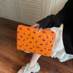 Fashion Cherry Print Laptop Sleeve Case PU Leather Shockproof Laptop Protective Liner Bag For Women Tablet Handbag Sweet Floral Cover